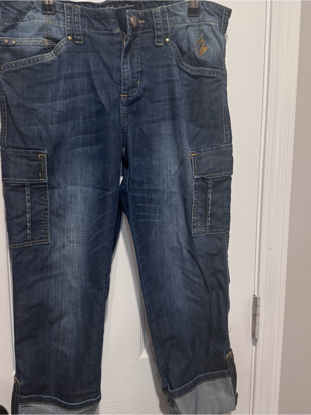 Baby Phat Cargo Capri Jeans Womens Size 11 Blue Denim Cuffed Cropped Pants